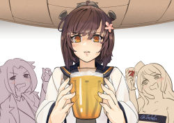 Rule 34 | @ @, alcohol, beer, blue sailor collar, blush, brown hair, cup, dress, drooling, drunk, fuwafuwatoufu, headgear, holding, holding cup, jun&#039;you (kancolle), kantai collection, long hair, long sleeves, mouth drool, neckerchief, nude, one-hour drawing challenge, orange eyes, parted lips, pola (kancolle), sailor collar, sailor dress, short hair, simple background, sweat, twitter username, upper body, white dress, yukikaze (kancolle), yukikaze kai ni (kancolle)
