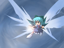 Rule 34 | 1girl, 216, blouse, blue background, blue hair, bow, cirno, collared shirt, full body, green bow, hair between eyes, hair bow, shirt, simple background, socks, solo, touhou, touhou hisoutensoku, white shirt, white socks, wings