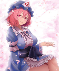 Rule 34 | 1girl, black sash, blue hat, blue kimono, blush, breasts, center frills, cherry blossoms, closed mouth, commentary request, cowboy shot, crossed legs, eyelashes, falling petals, frilled kimono, frilled shirt, frilled sleeves, frills, hair between eyes, hand up, hat, highres, japanese clothes, juliet sleeves, kimono, kisaragi koushi, large breasts, lips, long sleeves, looking at viewer, mature female, mob cap, petals, pink hair, puffy sleeves, saigyouji yuyuko, sash, shirt, short hair, simple background, sitting, smile, solo, touhou, tsurime, white background, wide sleeves, wind
