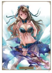 Rule 34 | 1girl, artist name, artist request, beatrix (granblue fantasy), bikini, blue bikini, blue ribbon, breasts, brown eyes, brown hair, card (medium), character name, choker, cleavage, collarbone, floating hair, granblue fantasy, groin, hair ribbon, highres, holding, holding weapon, large breasts, long hair, looking at viewer, navel, page number, ribbon, sarong, see-through, shiny skin, smile, solo, standing, sweatdrop, swimsuit, sword, tears, very long hair, weapon, wrist cuffs