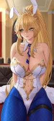 Rule 34 | 1girl, ahoge, animal ears, artoria pendragon (all), artoria pendragon (fate), artoria pendragon (swimsuit ruler) (fate), bare shoulders, blonde hair, blue neckwear, blue pantyhose, blush, braid, breasts, cleavage, clothing cutout, collarbone, detached collar, fake animal ears, fate/grand order, fate (series), feather boa, fishnet pantyhose, fishnets, french braid, green eyes, hair between eyes, highleg, highleg leotard, highres, large breasts, leotard, long hair, looking to the side, navel, navel cutout, necktie, pantyhose, parted lips, playboy bunny, ponytail, rabbit ears, revision, sidelocks, sitting, thigh strap, thighs, tiara, white leotard, wrist cuffs, zaphn