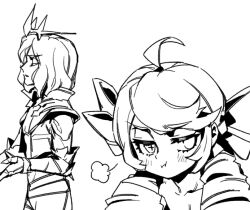 Rule 34 | 1boy, 1girl, ahoge, blush, bow, collarbone, crown, drill hair, from side, greyscale, gwen (league of legends), hair bow, jacket, league of legends, long hair, looking at viewer, monochrome, pants, phantom ix row, pout, profile, simple background, twin drills, viego (league of legends), white background