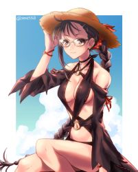 Rule 34 | 1girl, bare shoulders, black one-piece swimsuit, black shorts, blue sky, blush, braid, braided ponytail, breasts, brown eyes, brown hair, choker, cleavage, collarbone, day, detached sleeves, earrings, fate/grand order, fate (series), glasses, hair ornament, hair scrunchie, hairclip, halterneck, hat, heroic spirit festival outfit, jewelry, long hair, long sleeves, looking at viewer, medium breasts, multiple earrings, navel, o-ring, one-piece swimsuit, ribbon trim, scrunchie, seeds328, short shorts, shorts, sitting, sky, smile, solo, straw hat, swimsuit, thighs, very long hair, yu mei-ren (fate), yu mei-ren (festival outfit) (fate)
