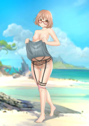 Rule 34 | 1girl, barefoot, beach, blurry, blurry background, breasts, clothes lift, cloud, day, full body, garter belt, garter straps, glasses, kuriyama mirai, kyoukai no kanata, lifting own clothes, looking at viewer, looking over eyewear, medium breasts, ocean, outdoors, panties, panties over garter belt, panty pull, pink panties, red-framed eyewear, red hair, self exposure, skirt, skirt lift, sky, small areolae, small nipples, solo, standing, tagme, thigh gap, topless, underwear