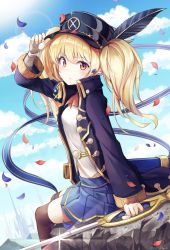Rule 34 | 1girl, absurdres, apple ringo, armband, black hat, blonde hair, blue jacket, blue skirt, blue sky, brown thighhighs, cloud, cutlass, day, feathers, frown, hand on headwear, hat, highres, holding, holding sword, holding weapon, jacket, long hair, long sleeves, looking at viewer, looking to the side, miniskirt, monika weisswind, open clothes, open jacket, orange eyes, peaked cap, petals, pleated skirt, princess connect!, shirt, sitting, skirt, sky, solo, sword, thighhighs, twintails, weapon, white shirt, wing collar, zettai ryouiki