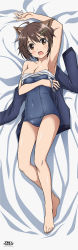 Rule 34 | 1girl, absurdres, animal ear fluff, animal ears, arm up, armpits, barefoot, bed sheet, blush, brave witches, breasts, brown eyes, brown hair, cleavage, clothes pull, collarbone, copyright name, covered navel, dakimakura (medium), feet, from above, full body, hair between eyes, highres, incredibly absurdres, karibuchi hikari, looking at viewer, lying, medium breasts, official art, on back, one-piece swimsuit pull, open mouth, school uniform, shiny clothes, shiny skin, short hair, solo, strike witches, toes, world witches series
