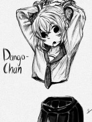 Rule 34 | 1girl, absurdres, adjusting hair, arms up, bags under eyes, bisected, borrowed character, character name, commentary, dango-chan (4shi), double bun, drooling, english commentary, hair between eyes, hair bun, highres, hollow eyes, kouinomi, long sleeves, looking at viewer, monochrome, neckerchief, no torso, open mouth, original, pleated skirt, sailor collar, school uniform, serafuku, shirt, short hair, simple background, skirt, solo, white background
