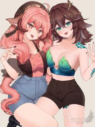 Rule 34 | 2girls, absurdres, ahoge, animal ears, antlers, asymmetrical docking, breast press, breasts, brown eyes, brown hair, bustier, cleavage, cowboy shot, deer ears, denim, denim shorts, floppy ears, green eyes, heart, heart-shaped pupils, highres, horns, indie virtual youtuber, large breasts, long hair, midriff, multiple girls, pink hair, scales, shirt tucked in, short shorts, shorts, simple background, sky above me, smile, sugi aoki, sugoinat, symbol-shaped pupils, tongue, tongue out, very long hair, wide hips