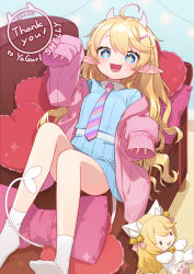 Rule 34 | + +, 1girl, :d, ahoge, blonde hair, blue eyes, blue shirt, character doll, character request, commentary request, hair ornament, hairclip, heart, heart-shaped pillow, highres, horns, long hair, lying, necktie, on back, open mouth, pillow, pink necktie, pointy ears, shirt, sleeves past wrists, smile, socks, solo, striped necktie, striped neckwear, tail, uchako