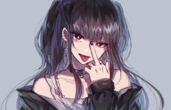 1girl :p bare_shoulders black_hair black_jacket choker cross cross_earrings danjou_sora earrings grey_background jacket jewelry middle_finger nail_polish original piercing red_eyes ring simple_background solo tongue tongue_out two_side_up