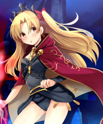 Rule 34 | 1girl, black leotard, blonde hair, blush, bow, breasts, brown eyes, cloak, cowboy shot, earrings, ereshkigal (fate), fate/grand order, fate (series), gold trim, hair bow, jewelry, leotard, long hair, looking at viewer, marimo danshaku, parted bangs, parted lips, red bow, skull, small breasts, solo, strap, thighs, tohsaka rin, two side up