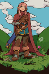 Rule 34 | 1girl, blue shirt, boots, cape, closed mouth, cloud, commentary, dated, day, english commentary, fingerless gloves, fsnowzombie, full body, gloves, grass, green pants, highres, long hair, original, outdoors, pants, piercing, pink hair, pointy ears, red cape, sheath, sheathed, shirt, signature, smile, standing, sword, weapon, yellow eyes