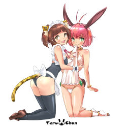 Rule 34 | 10s, 2girls, ahoge, animal ears, apron, artist name, ass, bikini, bikini top only, black legwear, brown eyes, brown hair, cat ears, cat tail, clothing cutout, commentary request, face-to-face, green eyes, hand on another&#039;s chest, hand on own chest, highres, isekai maou to shoukan shoujo no dorei majutsu, kneeling, lifted by self, loincloth, loincloth lift, looking at viewer, maid headdress, mei (isekai maou), mouth hold, multiple girls, nail polish, navel, one-piece swimsuit, open mouth, panties, pink hair, rabbit ears, rabbit tail, revealing clothes, shoes, short hair, short twintails, simple background, smile, sparkle, swimsuit, sylvie (isekai maou), tail, tail through clothes, teruchan, thighhighs, twintails, underwear, waist apron, white background, white panties