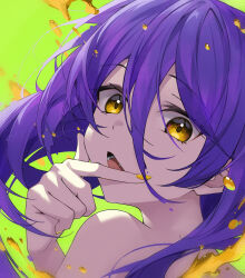Rule 34 | 1girl, absurdres, crystalherb, fingernails, green background, highres, long hair, looking at viewer, mole, mole under mouth, nail polish, nude, open mouth, original, purple hair, teeth, upper body, yellow eyes, yellow nails