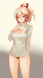 Rule 34 | 10s, 1girl, blonde hair, blush, breasts, cleavage, cleavage cutout, clothing cutout, hair ribbon, highres, inari konkon koi iroha., large breasts, looking at viewer, meme attire, open-chest sweater, ponytail, ribbed sweater, ribbon, short hair, short ponytail, simple background, softmode, solo, sweater, turtleneck, uka-no-mitama-no-kami (inakon)