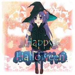 Rule 34 | 00s, 1girl, blue eyes, blue hair, clannad, hair bobbles, hair ornament, halloween, happy halloween, hat, ichinose kotomi, long hair, matching hair/eyes, solo, thighhighs, two side up, very long hair, witch hat
