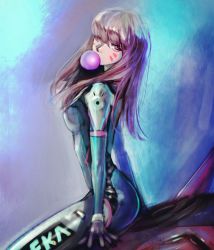 Rule 34 | 1girl, blue background, bodysuit, breasts, brown eyes, brown hair, blowing bubbles, chewing gum, cowboy shot, d.va (overwatch), facial mark, from side, gloves, hair over one eye, headphones, highres, kyung han kim, long hair, looking at viewer, looking to the side, mecha, meka (overwatch), overwatch, overwatch 1, pilot suit, robot, sitting, sitting on object, skin tight, small breasts, solo, swept bangs, whisker markings