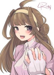 Rule 34 | 1girl, 1other, ahoge, artist logo, beige hairband, brown hair, commentary request, double bun, hair bun, hairband, highres, kantai collection, kongou (kancolle), long hair, looking at viewer, lr hijikata, official alternate costume, pov, purple eyes, simple background, smile, white background