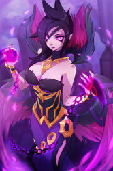 Rule 34 | 1girl, bare shoulders, black hair, breasts, chain, cleavage, closed mouth, colored sclera, dress, feet out of frame, hands up, large breasts, league of legends, long hair, looking at viewer, magic, morgana (league of legends), nail polish, pink dress, pink eyes, pink nails, pink sclera, pointy ears, solo, strapless, strapless dress, vmat