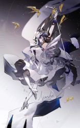 Rule 34 | 1girl, arknights, arm strap, arm up, armpits, astesia (arknights), astesia (frlibe on the palace) (arknights), bird, blue hair, breasts, closed mouth, dress, full body, gloves, gradient background, grey background, hair ornament, high heels, highres, large breasts, layered dress, light particles, long hair, microphone stand, official alternate costume, pantyhose, signature, sleeveless, sleeveless dress, solo, sparkle, very long hair, white dress, white footwear, white gloves, white pantyhose