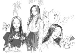 4girls animal apple bird blush bug butterfly chuu_(loona) commentary_request fish food fruit go_won greyscale heart holding holding_food holding_fruit insect k-pop korean_commentary long_hair loona_(group) monochrome multiple_girls olivia_hye onigiriloves2 penguin real_life sketch skirt smile swan wolf yves_(loona)