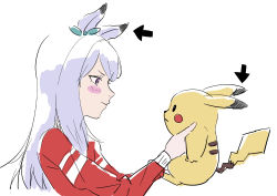 Rule 34 | 1girl, absurdres, animal ears, arrow (symbol), blush stickers, bow, closed mouth, creatures (company), crossover, ear bow, eye contact, game freak, gen 1 pokemon, highres, holding, holding pokemon, horse ears, jacket, long hair, long sleeves, looking at another, makasero, mejiro mcqueen (umamusume), nintendo, pikachu, pokemon, pokemon (creature), purple eyes, red jacket, simple background, track jacket, trait connection, umamusume, white background