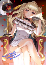 Rule 34 | 1girl, absurdres, alternate costume, bare legs, blonde hair, bow, bowtie, choker, collarbone, commentary request, commission, crossed legs, dress, earrings, eitri (fire emblem), fire emblem, fire emblem heroes, from below, gloves, highres, jewelry, lace, lace choker, looking at viewer, nintendo, petals, red eyes, rose petals, sitting, skeb commission, solo, thighs, throne, tri tails, yam (yamap mako)