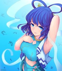 Rule 34 | 1girl, adapted costume, arm up, armpits, artist name, blue background, blue eyes, blue hair, blue skirt, breasts, closed mouth, clothing cutout, commentary request, flower, from above, gold trim, gradient background, hagoromo, hair ornament, hair rings, hair stick, hand on own chest, kaku seiga, large breasts, lips, looking at viewer, navel, navel cutout, open clothes, open vest, perspective, see-through, shawl, short hair, skirt, smile, solo, torinosukei, touhou, upper body, vest
