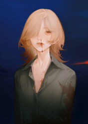 Rule 34 | 1girl, absurdres, androgynous, arms at sides, bags under eyes, blonde hair, blood, blue background, collared shirt, empty eyes, flipped hair, ginxiee, grey shirt, hair over one eye, highres, injury, light brown hair, lips, long sleeves, looking at viewer, nosebleed, one eye covered, original, parted lips, shirt, simple background, solo, upper body