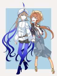 Rule 34 | 1boy, 1girl, absurdres, belt, black shorts, black sleeves, blonde hair, blue eyes, blue hair, blue leggings, blue overalls, blue pantyhose, blush, braid, breasts, brown hair, captain nemo (fate), closed eyes, closed mouth, clothing cutout, crown braid, fate/grand order, fate (series), flower, full body, gradient hair, green eyes, hand on own chest, hat, hat feather, high heels, highres, holding, holding hands, jacket, kujiramaru, leggings, long hair, long sleeves, looking at another, military uniform, multicolored hair, naval uniform, navel, navel cutout, nemo (fate), open mouth, orange headwear, overalls, pantyhose, puffy sleeves, shorts, side braid, simple background, small breasts, smile, sunflower, sunflower petals, tearing up, tears, tight clothes, trap, turban, twintails, uniform, van gogh (fate), very long hair, white headwear
