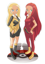 Rule 34 | 2girls, bike shorts, black shorts, blonde hair, blue eyes, boots, curry (dbt), earrings, electra (nchallenge), green eyes, hand on own hip, lena (nchallenge), long hair, looking at viewer, multiple girls, nchallenge, poke ball, red hair, red pants, simple background, sisters