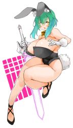 Rule 34 | 1girl, animal ears, bad id, bad twitter id, breasts, detached collar, fake animal ears, green hair, highres, holding, holding weapon, huge breasts, leotard, original, playboy bunny, rabbit ears, sachito, simple background, solo, strapless, strapless leotard, sword, thick thighs, thighs, weapon, white background, yellow eyes