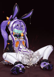Rule 34 | 1girl, aftersex, android, angelan, animal ears, breasts, bukkake, rabbit ears, cum, cum in pussy, cum on body, cum pool, cumdrip, facial, high heels, highres, long hair, lying, mecha musume, musen-shiki sanhankikan, naughty face, ponytail, purple hair, pussy, robot, shoes, small breasts, solo, spread legs, topless, torn clothes, trembling, twintails, uncensored, virtual on