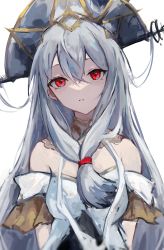 Rule 34 | 1girl, arknights, arms behind back, bare shoulders, black dress, breasts, chinese commentary, commentary request, detached collar, dress, front ponytail, grey headwear, highres, lch, long hair, looking at viewer, off-shoulder dress, off shoulder, official alternate costume, parted lips, red eyes, silver hair, simple background, skadi (arknights), skadi the corrupting heart (arknights), skadi the corrupting heart (sublimation) (arknights), small breasts, solo, straight hair, two-tone dress, upper body, very long hair, white background, white dress
