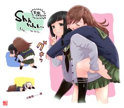 Rule 34 | 10s, 2girls, anchor symbol, black eyes, black hair, black legwear, blunt bangs, braid, brown hair, buttons, cardigan, carrying, closed eyes, commentary request, finger to mouth, green skirt, hair over shoulder, kantai collection, kitakami (kancolle), long hair, long sleeves, looking at viewer, lying, multiple girls, neckerchief, on side, ooi (kancolle), open mouth, panties, piggyback, pleated skirt, sailor collar, school uniform, serafuku, shaded face, shushing, single braid, skirt, sleeping, sleeves past wrists, smile, sumeragi hamao, text focus, translation request, underwear, white panties, zzz