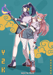 Rule 34 | 2girls, absurdres, alternate costume, alternate hairstyle, bare legs, bare shoulders, black gloves, cone hair bun, crop top, cropped jacket, detached sleeves, electro symbol (genshin impact), eyeshadow, fingerless gloves, fishnet pantyhose, fishnets, full body, genshin impact, gloves, grey skirt, hair bun, headphones, high-waist skirt, highres, holding, holding weapon, jacket, long hair, long sleeves, looking at viewer, makeup, midriff, miniskirt, multiple girls, navel, nocta felis, one eye closed, pantyhose, pink hair, pink shirt, ponytail, purple eyes, purple hair, purple jacket, raiden shogun, shirt, shoes, skirt, sleeveless, sleeveless shirt, sneakers, standing, stomach, sunglasses, very long hair, weapon, yae miko