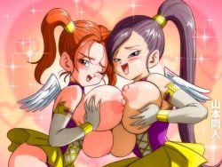 Rule 34 | 2girls, absurdres, breast press, breasts, divine bustier (dq), dragon quest, dragon quest viii, dragon quest xi, highres, huge breasts, jessica albert, looking at viewer, martina (dq11), matching hair/eyes, multiple girls, nipples, ponytail, purple eyes, purple hair, red eyes, red hair, symmetrical docking, twintails, yamamoto doujin