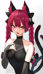 Rule 34 | 1girl, animal ear fluff, animal ears, artist name, black leotard, braid, bridal gauntlets, cat ears, cat tail, collarbone, extra ears, fingernails, highres, kaenbyou rin, ke-su, leotard, long hair, multiple tails, red eyes, red hair, signature, simple background, solo, tail, touhou, twin braids, twitter username, two tails, white background