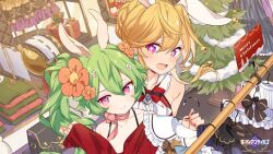 Rule 34 | + +, 2girls, alpaca ears, alpaca girl, animal ears, bare shoulders, blonde hair, blush, camisole, christmas, christmas spirit carol, christmas tree, clothes, commission, company name, copyright name, crossed bangs, embarrassed, flower, green hair, guardian tales, hair between eyes, hair bun, hair flower, hair ornament, hair ribbon, holding, holding clothes, holding clothes hanger, kiya machi, mayreel (guardian tales), merry christmas, multiple girls, neck ribbon, open mouth, pink eyes, ponytail, purple eyes, rabbit ears, red ribbon, red shirt, ribbon, shirt, shopping, side ponytail, sleeveless, smile