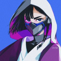 Rule 34 | 1girl, artist name, asymmetrical hair, black hair, blue background, blue eyes, braid, bright pupils, commentary, english commentary, f (star wars), film grain, hair over shoulder, highres, hood, hood up, looking at viewer, mask, mouth mask, nosh u, portrait, robe, signature, solo, star wars, star wars: visions, thick eyebrows, turtleneck, white pupils