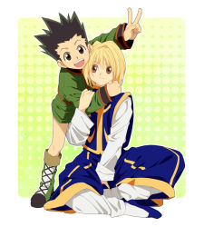 Rule 34 | 16 ban, 2boys, black hair, blonde hair, closed mouth, commentary request, gon freecss, hunter x hunter, kurapika, looking at viewer, male focus, multiple boys, open mouth, smile
