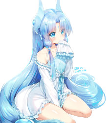 Rule 34 | 1girl, armpit crease, bad id, bad pixiv id, bare shoulders, between legs, blue eyes, blue hair, blush, breasts, collarbone, colored eyelashes, covered mouth, dated, dress, facial mark, fins, forehead mark, frilled dress, frills, hair bobbles, hair ornament, hand between legs, hand up, head fins, headgear, heart, heart-shaped pupils, highres, kneeling, long hair, long sleeves, looking at viewer, mvv, original, parted bangs, shiny skin, signature, simple background, sleeves past fingers, sleeves past wrists, small breasts, solo, symbol-shaped pupils, thighs, very long hair, white background, white dress