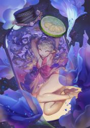 Rule 34 | 1girl, anklet, arms up, ass, barefoot, bottle, breasts, full body, highres, in bottle, in container, jewelry, lime (fruit), lime slice, long hair, looking at viewer, original, small breasts, solo, yellow eyes, yukino neko