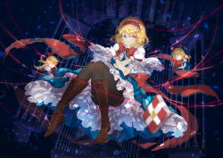 Rule 34 | 1girl, alice margatroid, apron, black pantyhose, blonde hair, blue dress, blue eyes, boots, brown footwear, capelet, cross-laced footwear, crossed arms, doll, domotolain, dress, closed eyes, full body, gloves, hair ribbon, hairband, half-closed eyes, lace-up boots, lolita hairband, looking at viewer, pantyhose, petticoat, red ribbon, ribbon, sash, shanghai doll, short hair, solo, touhou, waist apron, white gloves