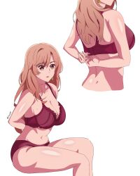Rule 34 | 1girl, absurdres, artist name, bra, breasts, brown eyes, brown hair, cleavage, commentary, earrings, english commentary, fiftya, highres, jewelry, large breasts, lingerie, long hair, mature female, navel, oshi no ko, panties, red bra, red panties, saitou miyako, solo, sweat, underwear, undressing, white background