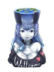 Rule 34 | 1girl, bare shoulders, black shirt, blue eyes, blue hair, breasts, bust cup, cleavage, clothes writing, collar, collarbone, commentary, female focus, hat, hecatia lapislazuli, hecatia lapislazuli (earth), itatatata, jpeg artifacts, large breasts, looking at viewer, off-shoulder shirt, off shoulder, pointy ears, shirt, simple background, smile, solo, t-shirt, touhou, upper body, water, white background