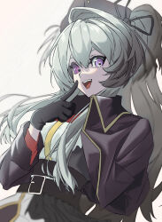 Rule 34 | 1girl, alchemy stars, aoto rei, arm behind back, belt, black gloves, black hat, black jacket, cropped jacket, eicy (alchemy stars), gloves, grey background, grey hair, hair ribbon, hat, highres, index finger raised, jacket, long hair, long sleeves, looking at viewer, mismatched sclera, open clothes, open jacket, open mouth, purple eyes, red shirt, ribbon, shirt, simple background, smile, solo, two side up, upper body