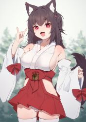 Rule 34 | 1girl, :d, absurdres, animal ears, bare shoulders, blurry, blurry background, blush, breasts, brown hair, detached sleeves, fox ears, fox girl, fox shadow puppet, fox tail, hakama, highres, hinata (user rjkt4745), japanese clothes, large breasts, looking at viewer, medium hair, miko, open mouth, original, red eyes, red hakama, smile, standing, tail, thighhighs, thighs, white thighhighs