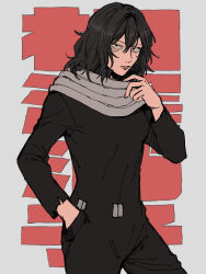 Rule 34 | 1girl, bags under eyes, black hair, black jumpsuit, boku no hero academia, closed mouth, eraser head (boku no hero academia), genderswap, genderswap (mtf), grey background, grey scarf, hair between eyes, hand in pocket, highres, jumpsuit, long sleeves, looking at viewer, messy hair, rnuyvm, scar, scar on face, scarf, solo, translation request