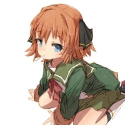 Rule 34 | 1girl, alchera, black ribbon, blue eyes, bow, brown hair, candy, food, green jacket, green sailor collar, green skirt, hachijou (kancolle), hair ribbon, jacket, kantai collection, kneeling, lollipop, long sleeves, mouth hold, pleated skirt, red bow, red neckwear, ribbon, sailor collar, short hair, simple background, skirt, solo, white background, white legwear